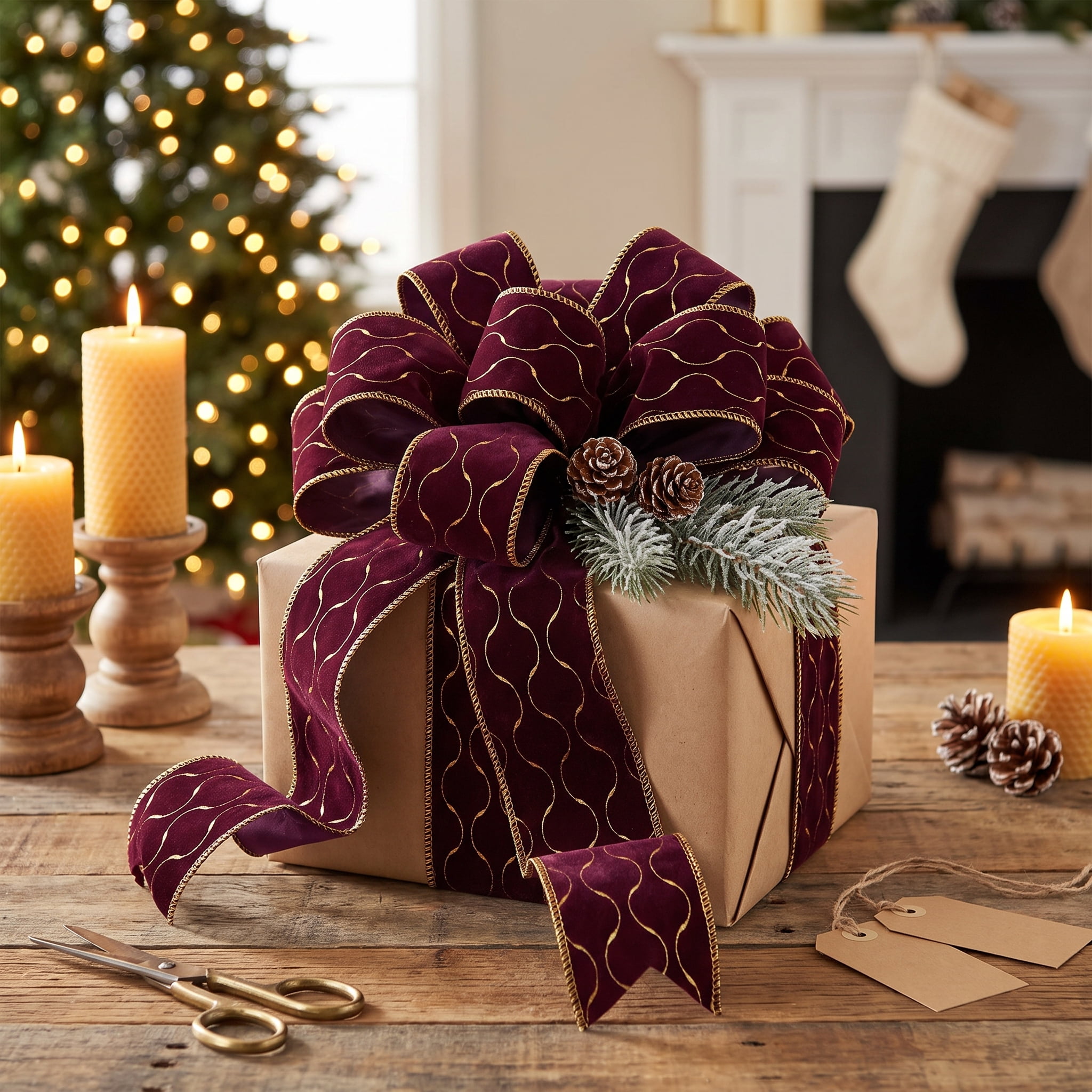 Maroon and Gold Wave Velvet Christmas Ribbon, 2.5" x 40', by Holiday Time