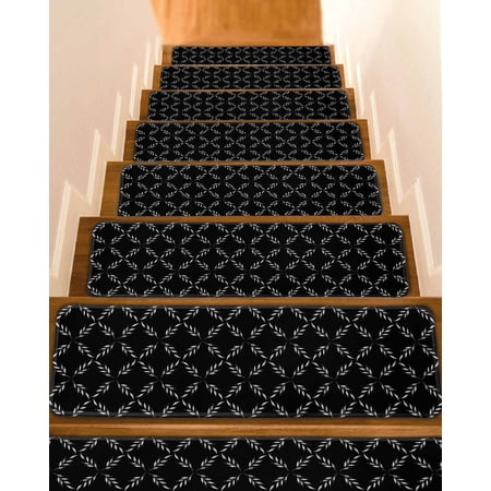 Black Morocco Stair Treads for Wooden Steps Indoor Runner Rug Carpet Geometric Leaf Diamond Lattice Abstract 10 Pieces Peel and Stick Staircase Step Treads Covers Washable Throw Door Mats 30 x8