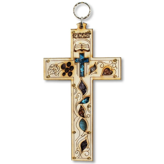 Wooden Christian Cross with Simulated Gemstones Wall Plaque Decor - Made in Israel