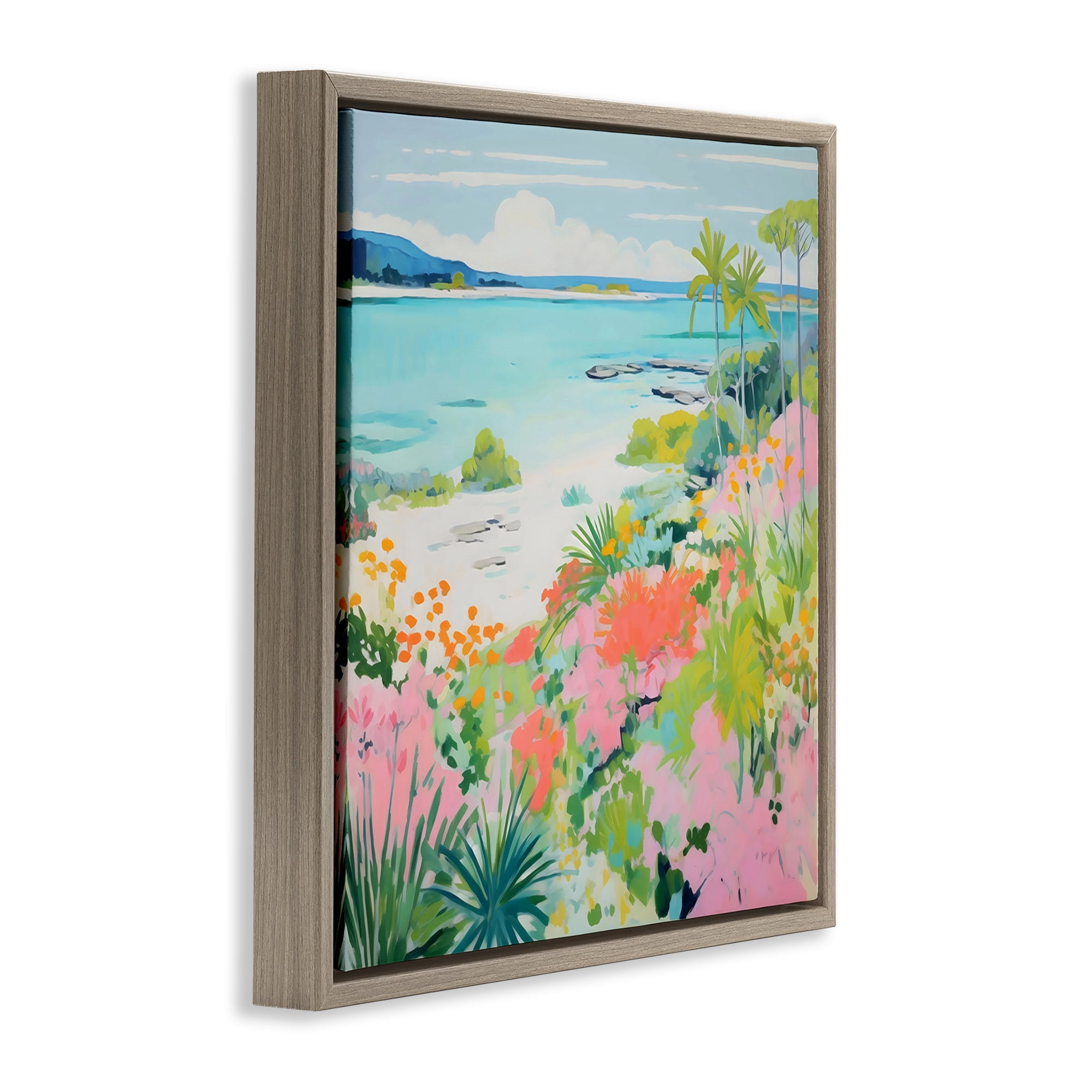 Stupell Industries Tropical Coast Blooming Shoreline Brown Framed Floater Canvas Wall Art, design by Creative Studio
