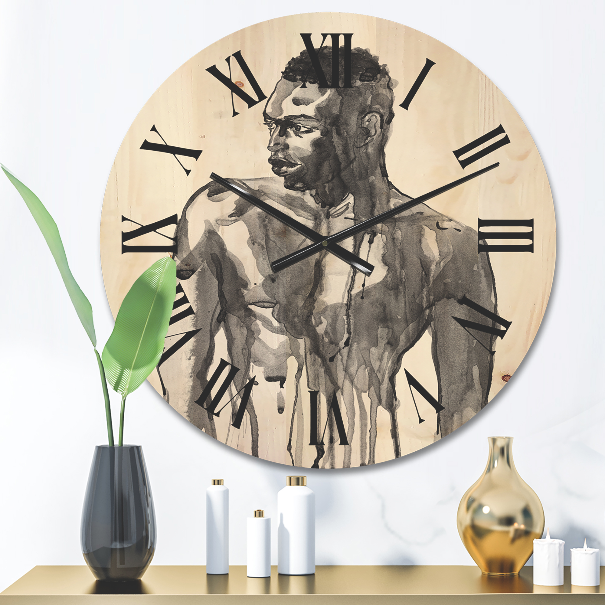 Designart 'Portrait of Handsome African Man On White I' Modern Wood Wall Clock