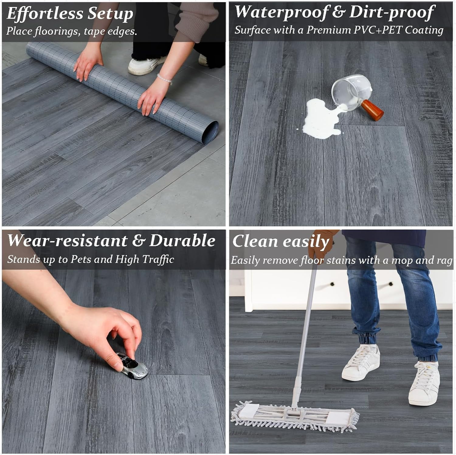 Oxdigi Vinyl Flooring Roll 39.3x196 inches, PVC Leather-Like Linoleum Floor Covering with Tape, Removable- No Adhesive Backing Gray Wood