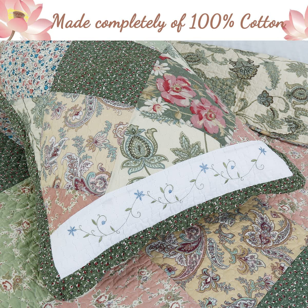Cozy Line Country Cottage Floral Dark Green Scalloped Edge Real Patchwork 100% Cotton 3-Piece Reversible Quilt Set, Queen