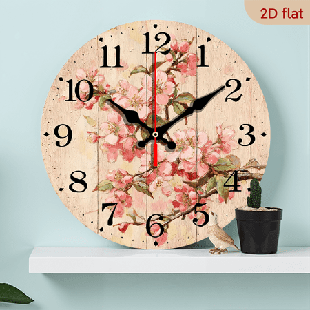 2D Flat 1pc Wooden Japanese Cherry Blossom Wall Clock - Pink Green Floral Design with Hands, 10Inch Round Mechanical Quartz Movement, Auto-Shut Off