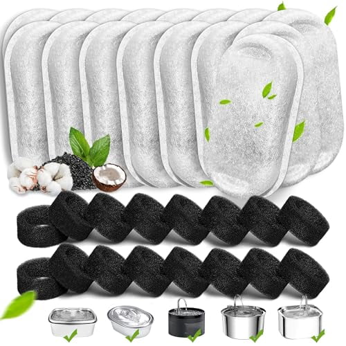 Cat Water Fountain Filters,32 Pack Cat Fountain Replacement Filters for Stainless Steel 108oz/3.2L& 67oz/2L adjustable Water Flow Pet Water Fountain,Dog Water Fountain Filters（16 Filters& 16 Sponges)
