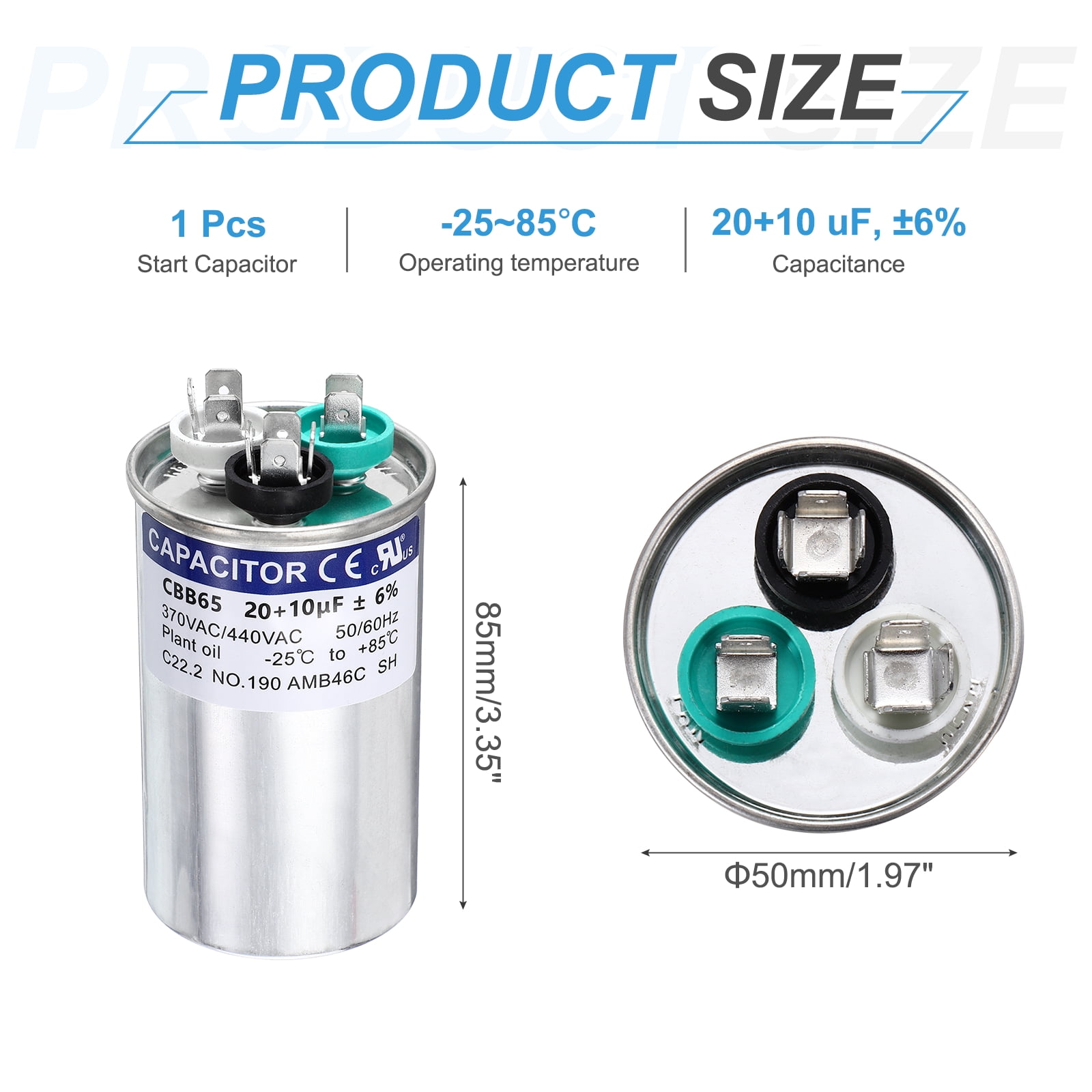 Uxcell 20+10 MFD CBB65 Run Start Capacitor 20+10 uF, 370/440V Round AC Capacitor for AC Motor Run, HVAC, Air Conditioner, Condenser Motors