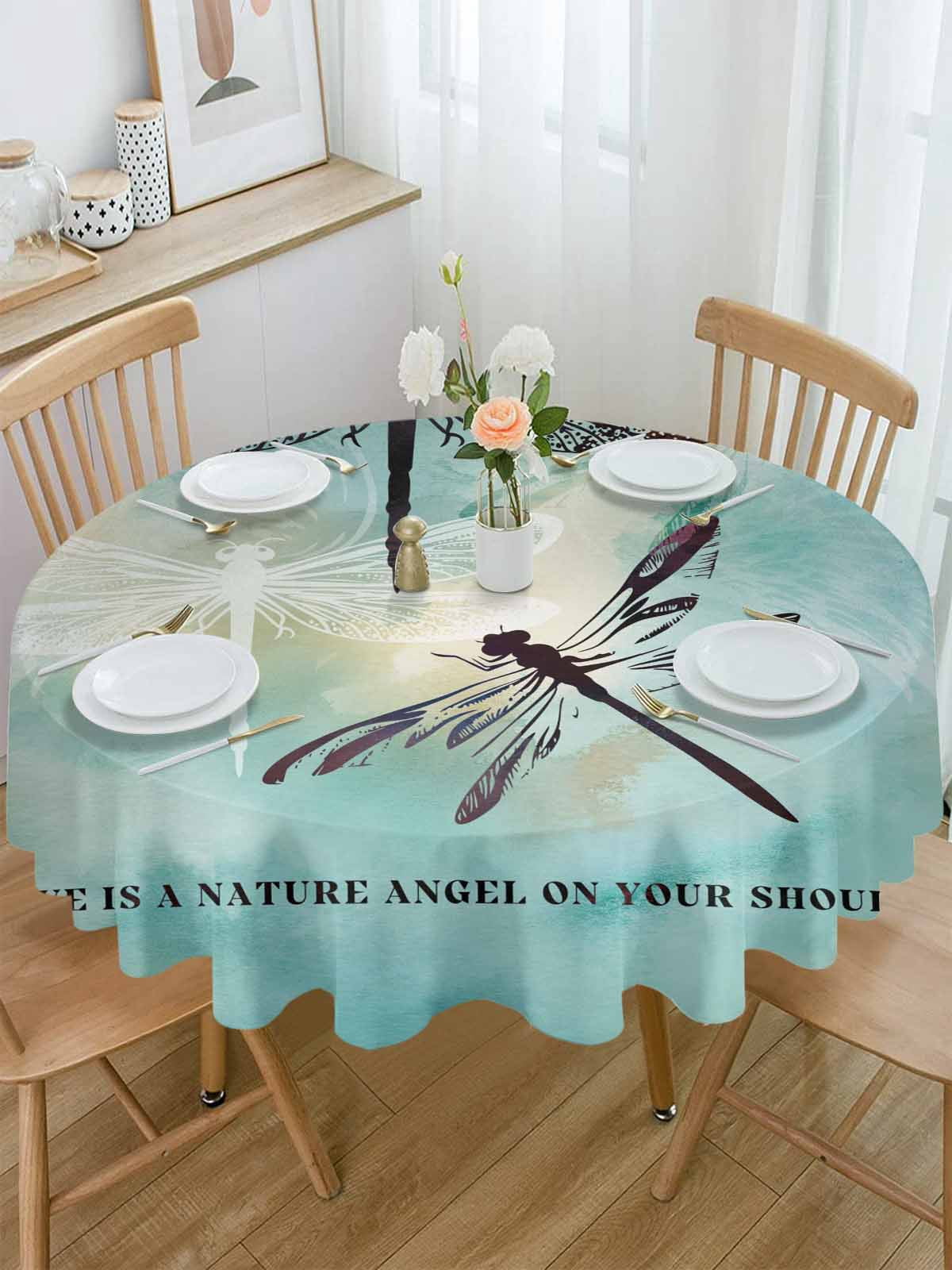 Round Tablecloth Vintage Dragonfly Waterproof Oil Proof Polyester Table Cloth Cover Decor for Home Dining Outdoor,Patio,Parties, 60" Dia. Teal Blue