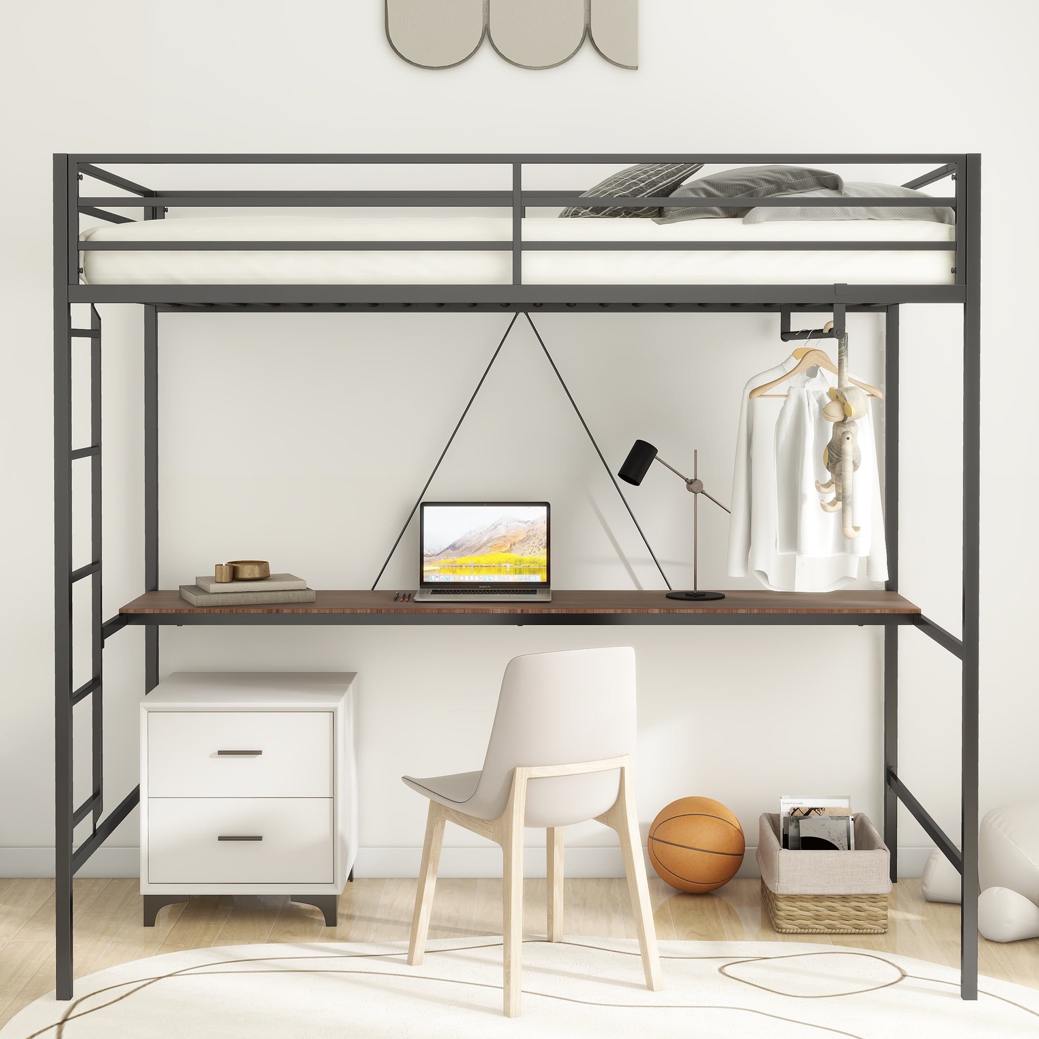 Miniyam Modern Metal Twin Size Loft Bed with Shelf for Kids and Teens, Black