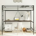 Black Metal Twin Loft Bed with Desk and Closet Rod for Kids Teens