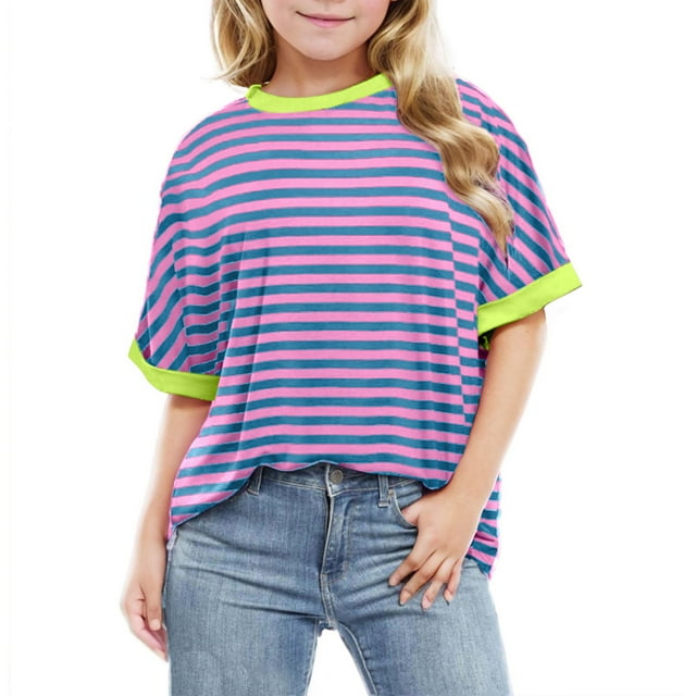 Diufon Chemises Rayées pour Filles Décontractées Manches Courtes Surdimensionnées Col Rond Hauts Printemps Été Pull-Over pour Adolescentes