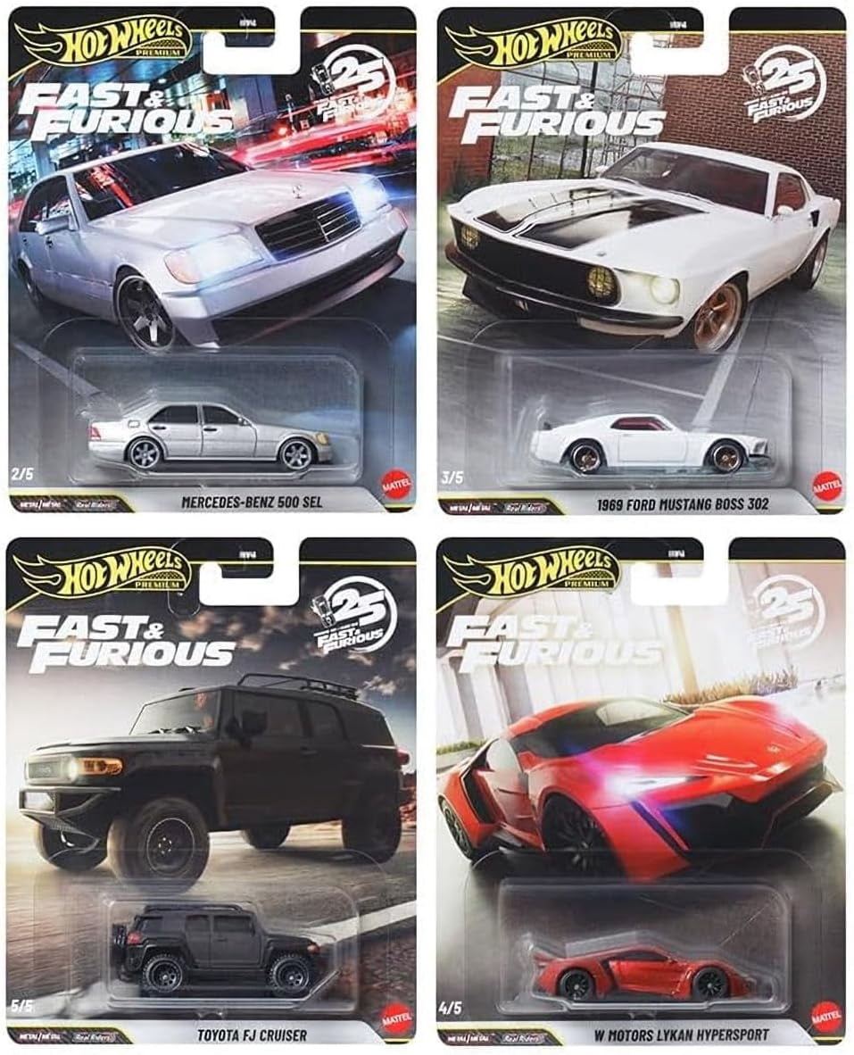 Hot Wheels Premium Fast & Furious 25th Anniversary Die-Cast Cars, Set of 4, Mercedes 500 SEL, Toyota FJ, Lykan Hypersport, Mustang Boss 302, Ages 3+ HNW46-956N