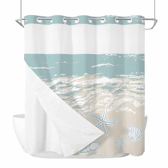No Hook Blue Coastal Starfish Shower Curtain with Snap in Liner Set, Summer Beach Ocean Abstract Art Waterproof Fabric Bathroom Curtains with See Through Top Window, Hotel Style Long 72 x 78 Inch