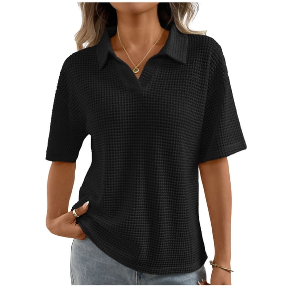 Bixock Womens Tops Short Sleeve Shirts Summer Outfits Solid Color Lapel Pullover Top Loose Cut Outdoor Casual Blouse Travel Vacation Clothes