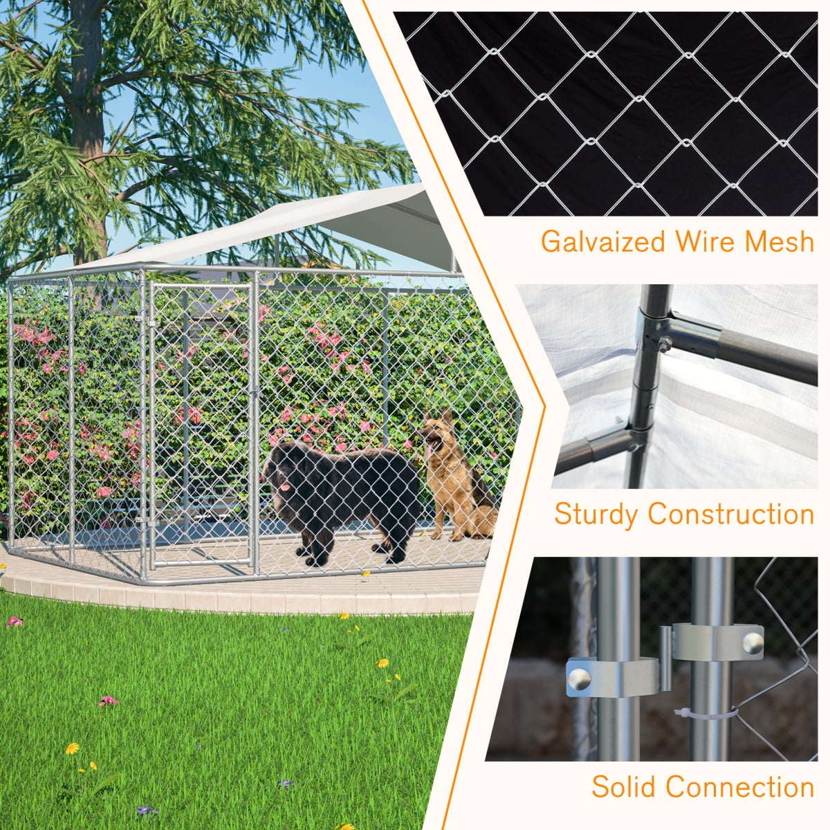 LuckyNote Heavy Duty Outdoor Dog Kennel 13.1x7.5x7.6 ft, Galvanized Chain Link Playpen with Waterproof Anti-UV Cover, Secure Lock, Grey