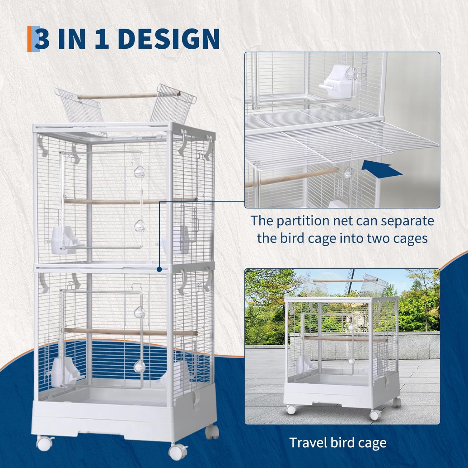 Rugerasy 40Inch Flight Bird Cage,Parakeet Cages with Rolling Stand & Wheels,Wide Birdcage,White