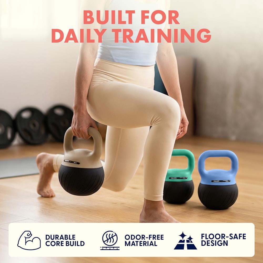 Squatz Soft Drop Kettlebell Set – 15, 20 & 25 lb Weights with Cushioned Base, Wide Grip Handle, Floor-Safe Design for Strength Training & Full Body Home Workouts