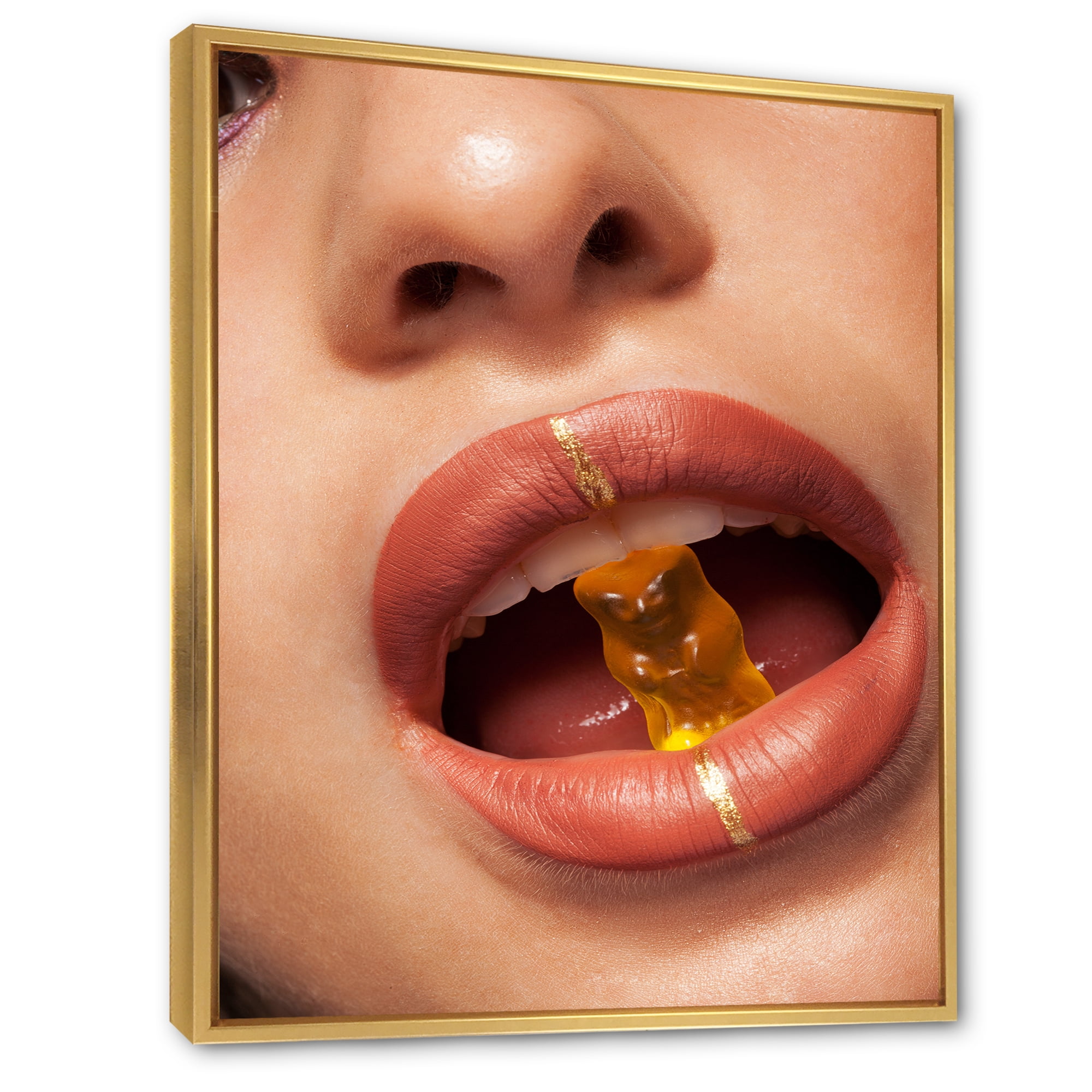 Designart 'Close Up VIew of Female Lips Biting Gummy Bear' Modern Framed Canvas Wall Art Print