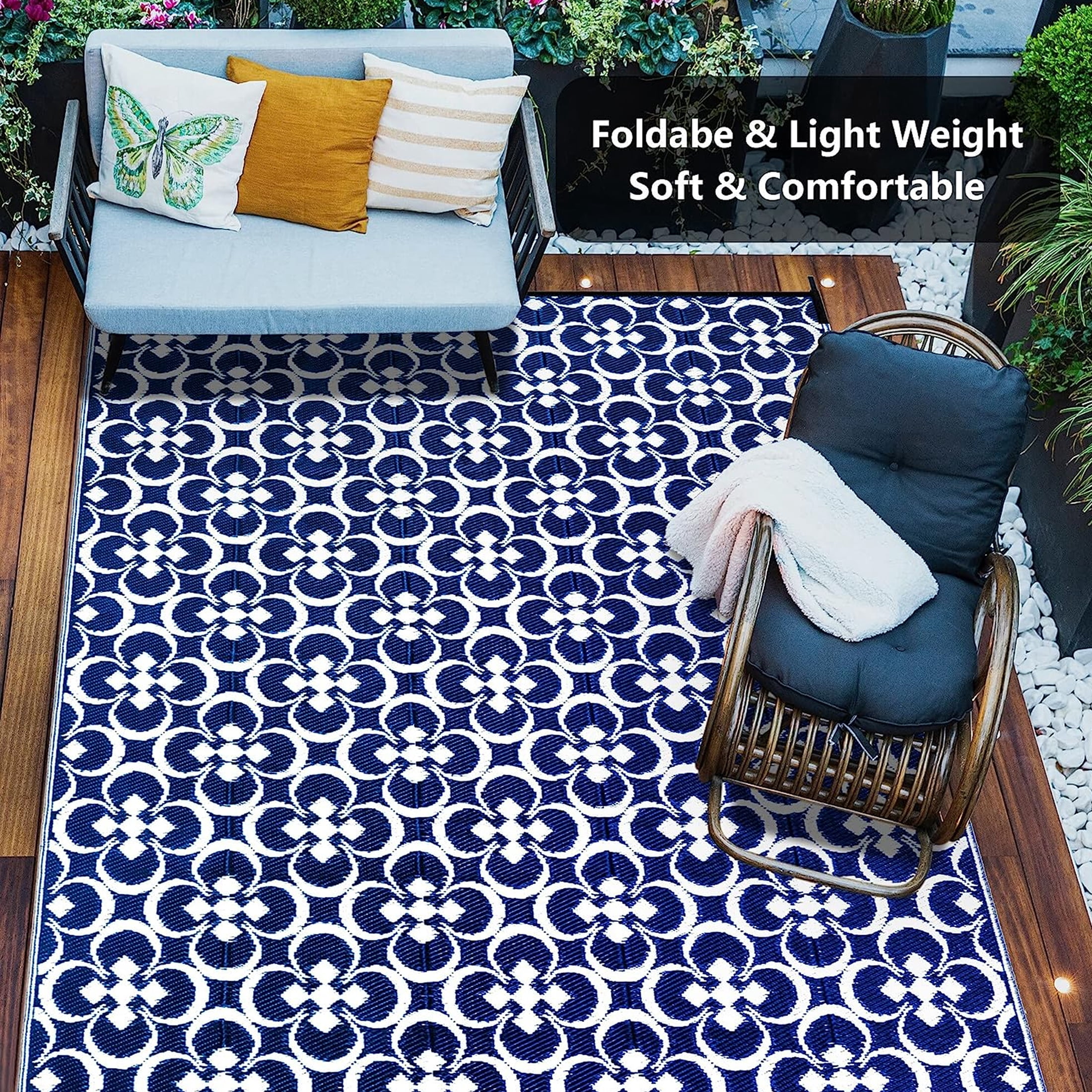 Outdoor Rugs 5'x8' Plastic Straw on Sale Clearance Reversible Waterproof Patio Rugs Geometric Lightweight Carpets for RV Camping Deck Beach Balcony Picnic Porch, Blue White