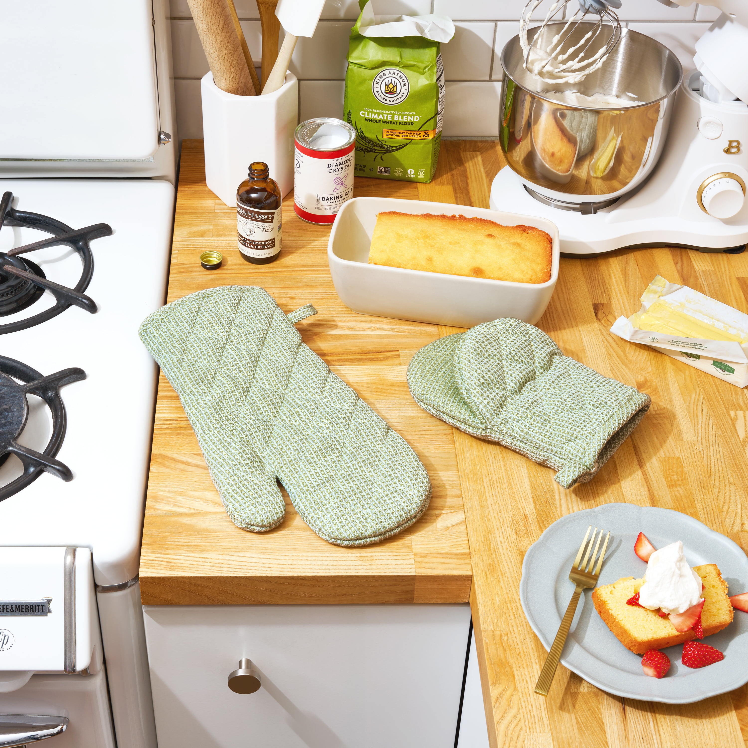 Beautiful Kitchen Waffle Oven Mitt & Mini Mitt Set, 100% Cotton, Heat Resistant, Sage Green, 2 Pack