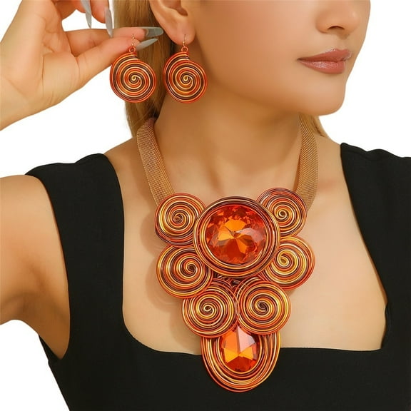 Boho Chunky African Statement Aluminum Wire Necklace Earring Set For Women Tribal Fashion Costume Jewelry Earring Sets Unique Colorful Big Rhinestone Crystal Pendent Collar Choker