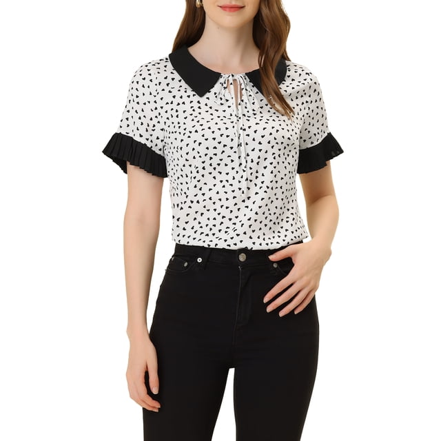 INSPIRAR CHIC Blusas de Polka Dots con Cuello de Muñeca y Mangas Cortas S Blanca