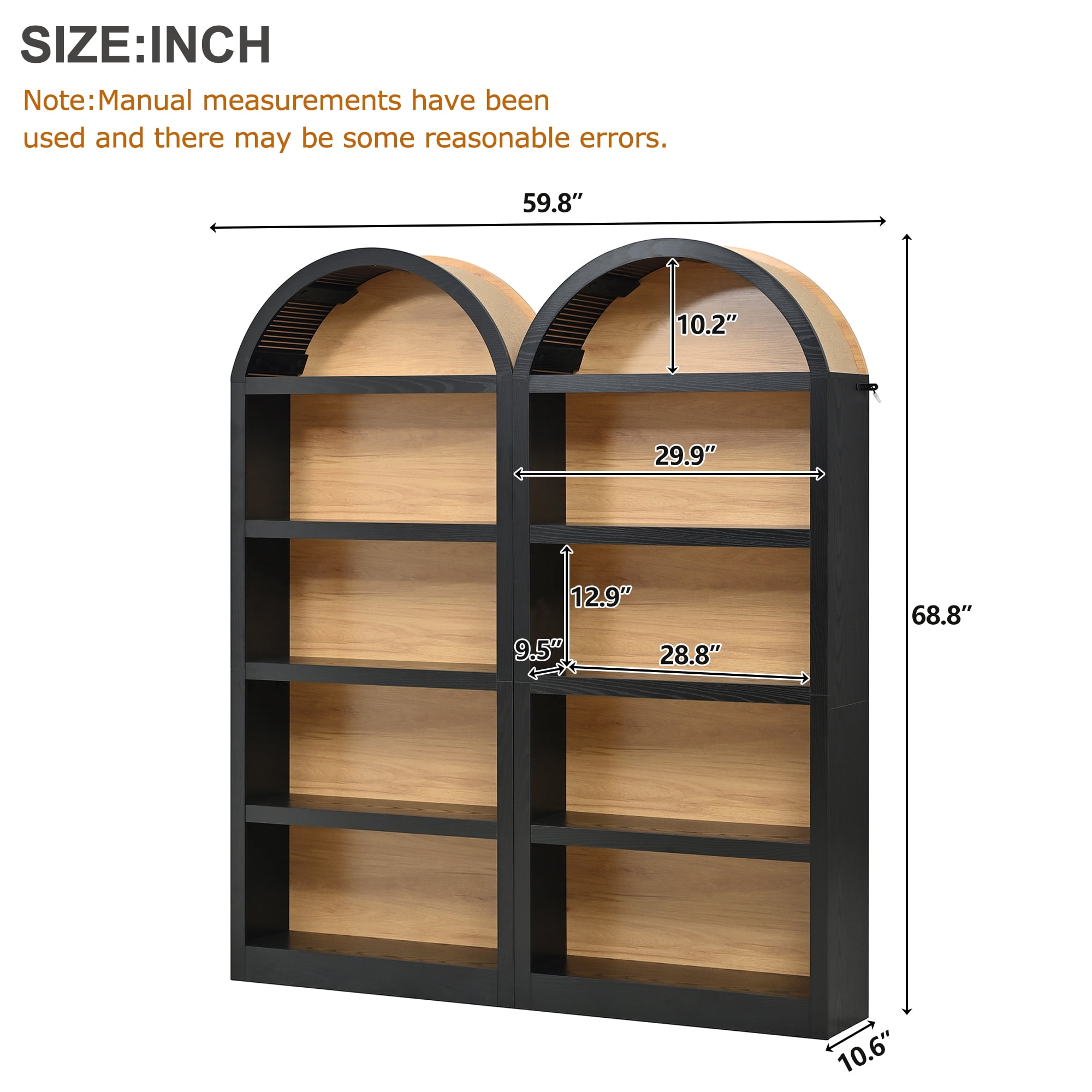 Miniyam Set of 2 Farmhouse Freestanding Bookshelves, Two-Tone Open Storage Cabinet with Fabric Arched Top, 5-Tier Display Bookcase for Home Office, Black