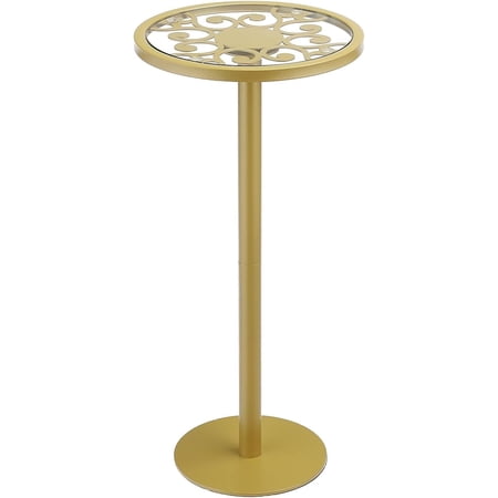 Gold Drink Table, Indoor Outdoor Small Round Side Table with Glass Top & Scroll Design, 24.7" Metal Pedestal End Table for Living Room, Patio, Balcony, Small Spaces, Weather Resistant