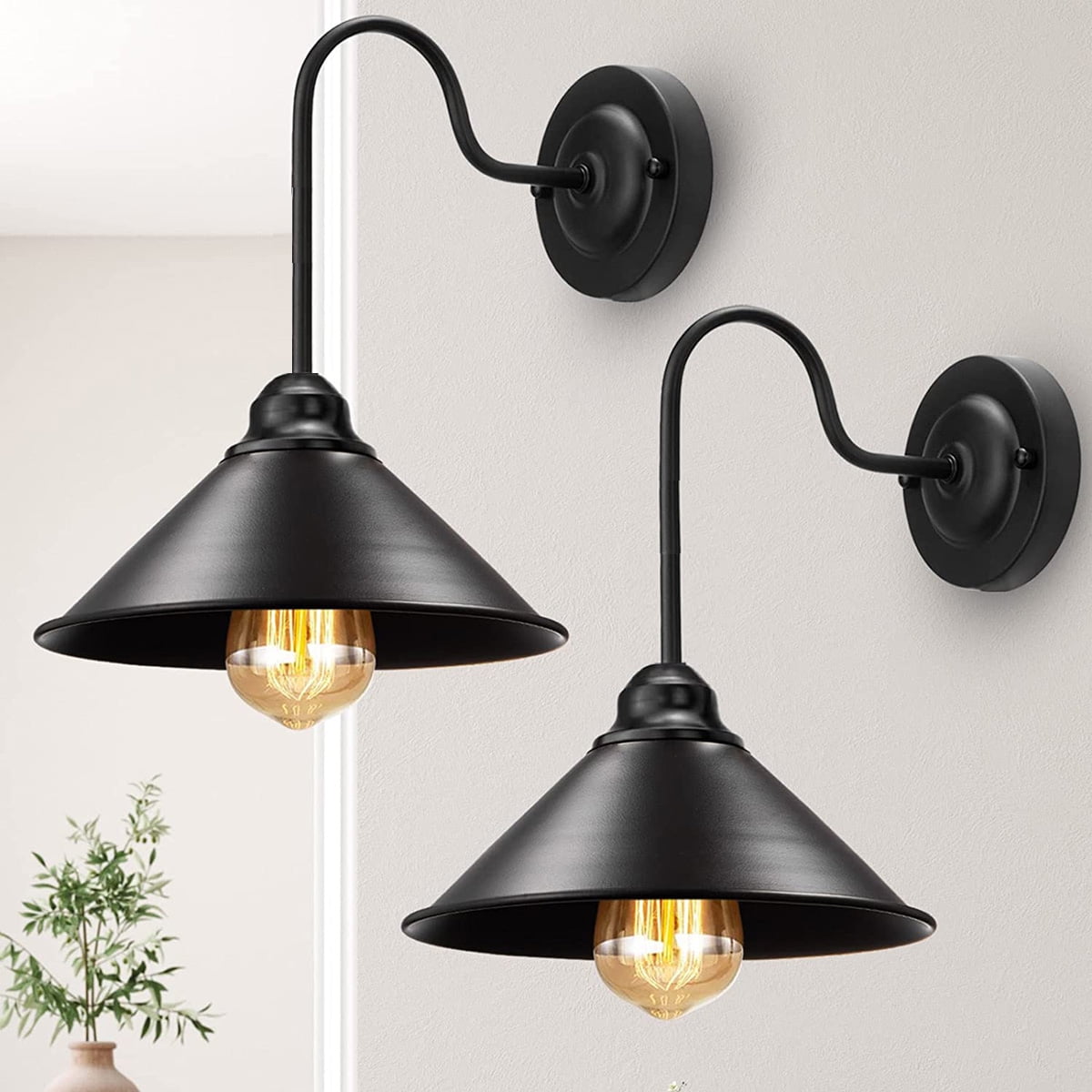 Indoor/Outdoor Wall Light, Set of 2 Wall Sconce Farmhouse Barn Lights Industrial Wall Light Fixtures for Bedroom Living Room Kitchen Hallway Garden, Black Lampshade, E26