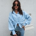 thumbnail image 4 of Camisas con botones para mujer Blusas de oficina de manga larga/corta Tops casuales de negocios Camisa suelta - Azul, 4 of 6