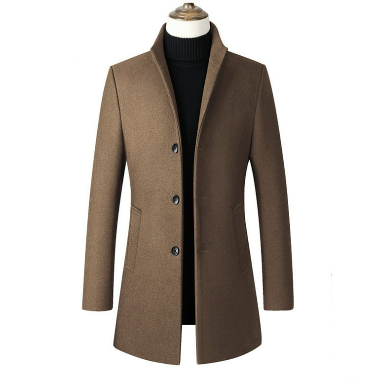 JUUYY Men s Trench Coat Wool Blend Slim Fit Top Coat Single Breasted Business Solid Color Fall Winter Lapel Mid Length Overcoat Coffee M Walmart