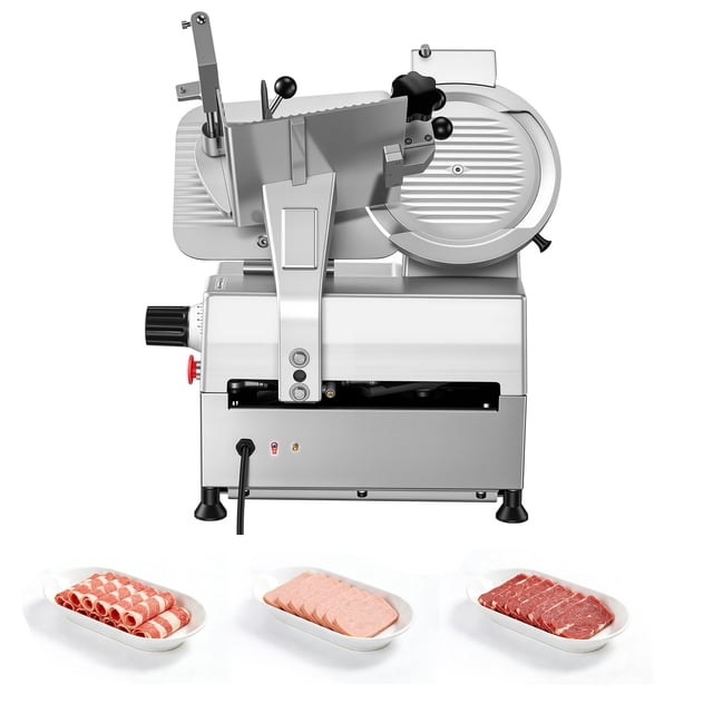 KFFKFF Fully Automatic Meat Slicer, 180W + 370W Commercial Food-Slicer with 10" Carbon Steel Blade, Built-In Sharpener & 0-0.3" Adjustable Thickness