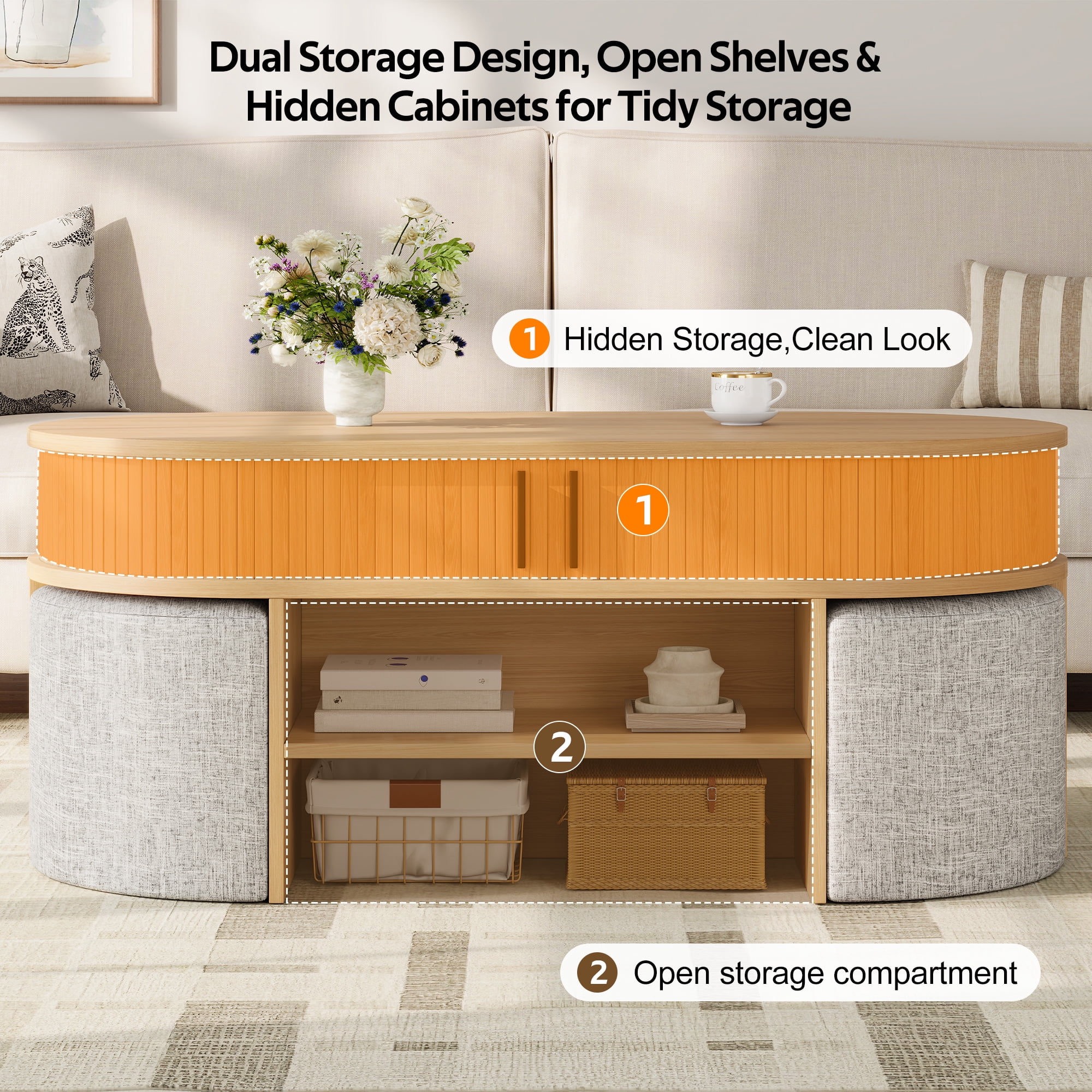 Mintazer Oval Coffee Table with 4 Upholstered Stools, Coffee Table with Slatted Storage Cabinet & Open Shelves for Living Room Apartment, Natural