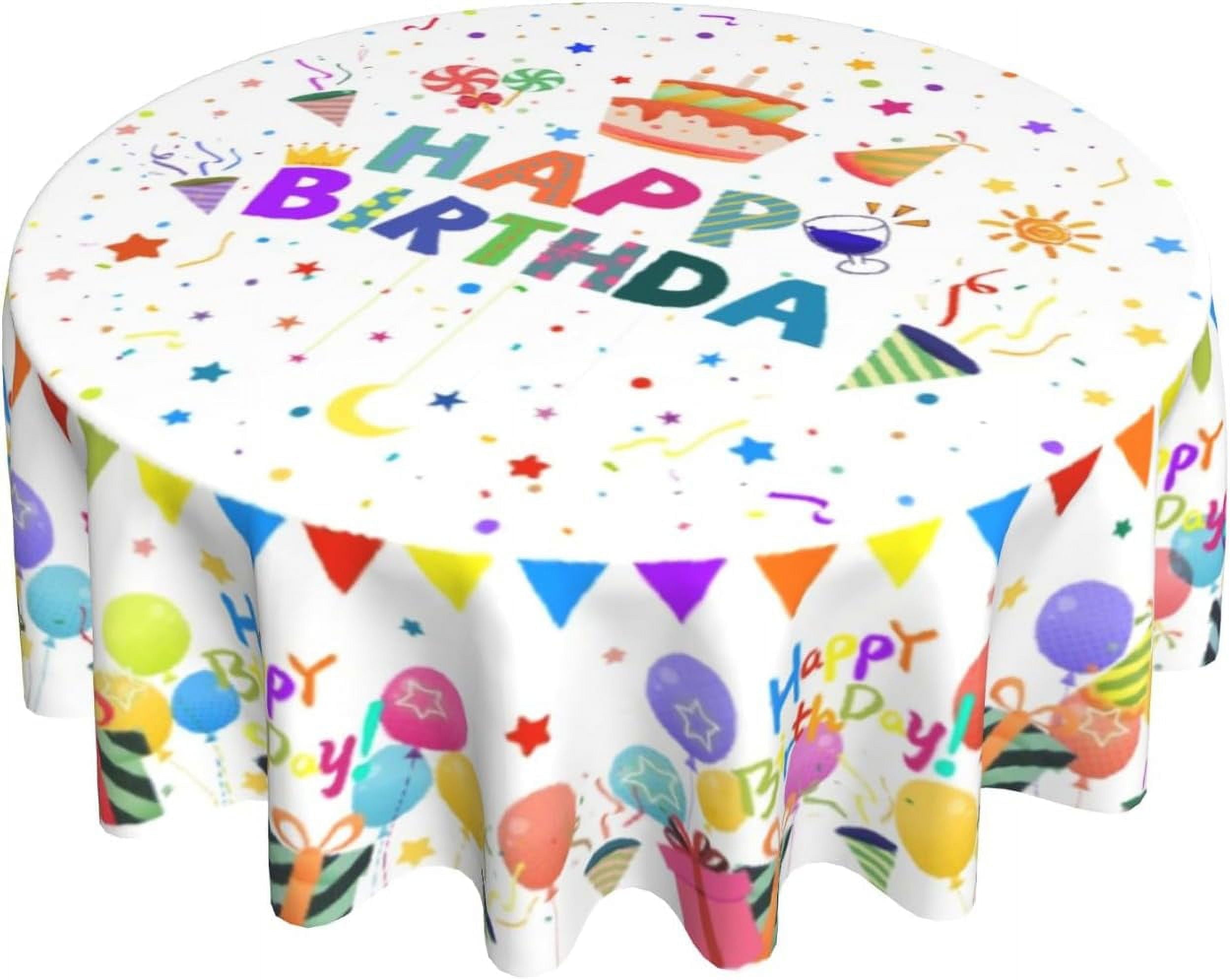 Happy Birthday Round Tablecloths 60 Inch Home Birth Day Tablecloth Colorful Fabric Table Cover Machine Washable Reusable Wrinkles Birthday Party Supplies Dining Room Kitchen Decor