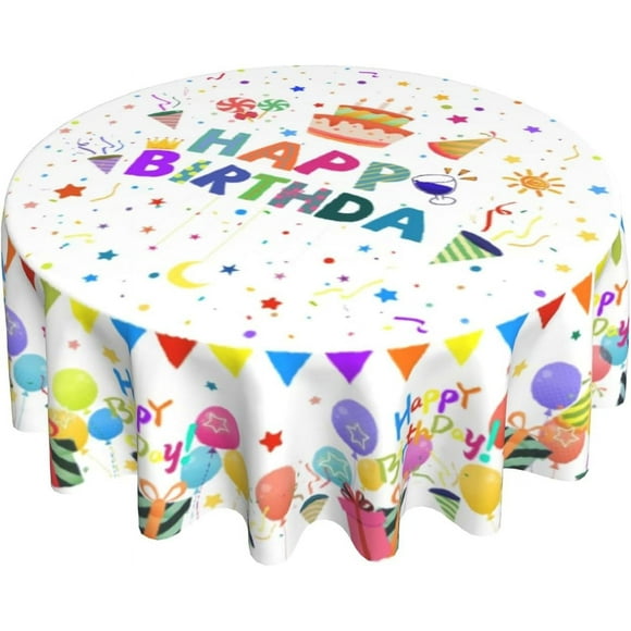 Happy Birthday Round Tablecloths 60 Inch Home Birth Day Tablecloth Colorful Fabric Table Cover Machine Washable Reusable Wrinkles Birthday Party Supplies Dining Room Kitchen Decor