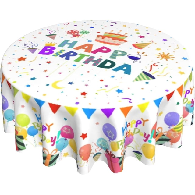 Happy Birthday Round Tablecloths 60 Inch Home Birth Day Tablecloth Colorful Fabric Table Cover Machine Washable Reusable Wrinkles Birthday Party Supplies Dining Room Kitchen Decor