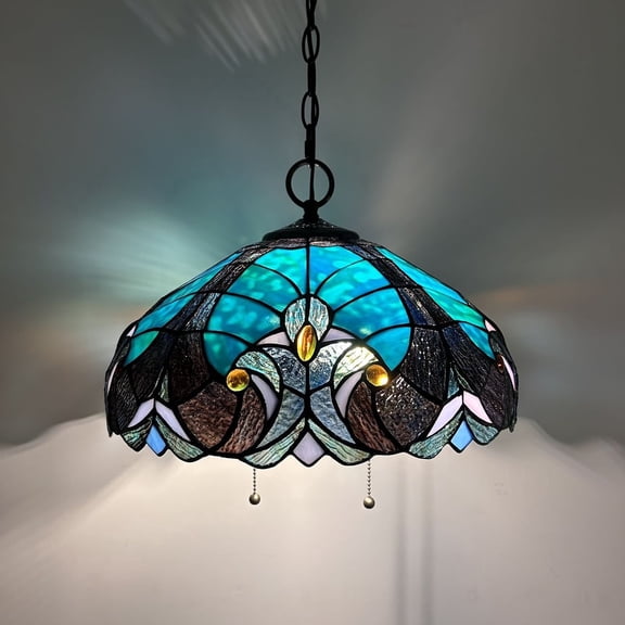 Stained Glass Pendant Lights Fixture Green Brown LED Bulb Included for Dining Room Hotel Restaurant Cafe 16"W*16"D*75"H