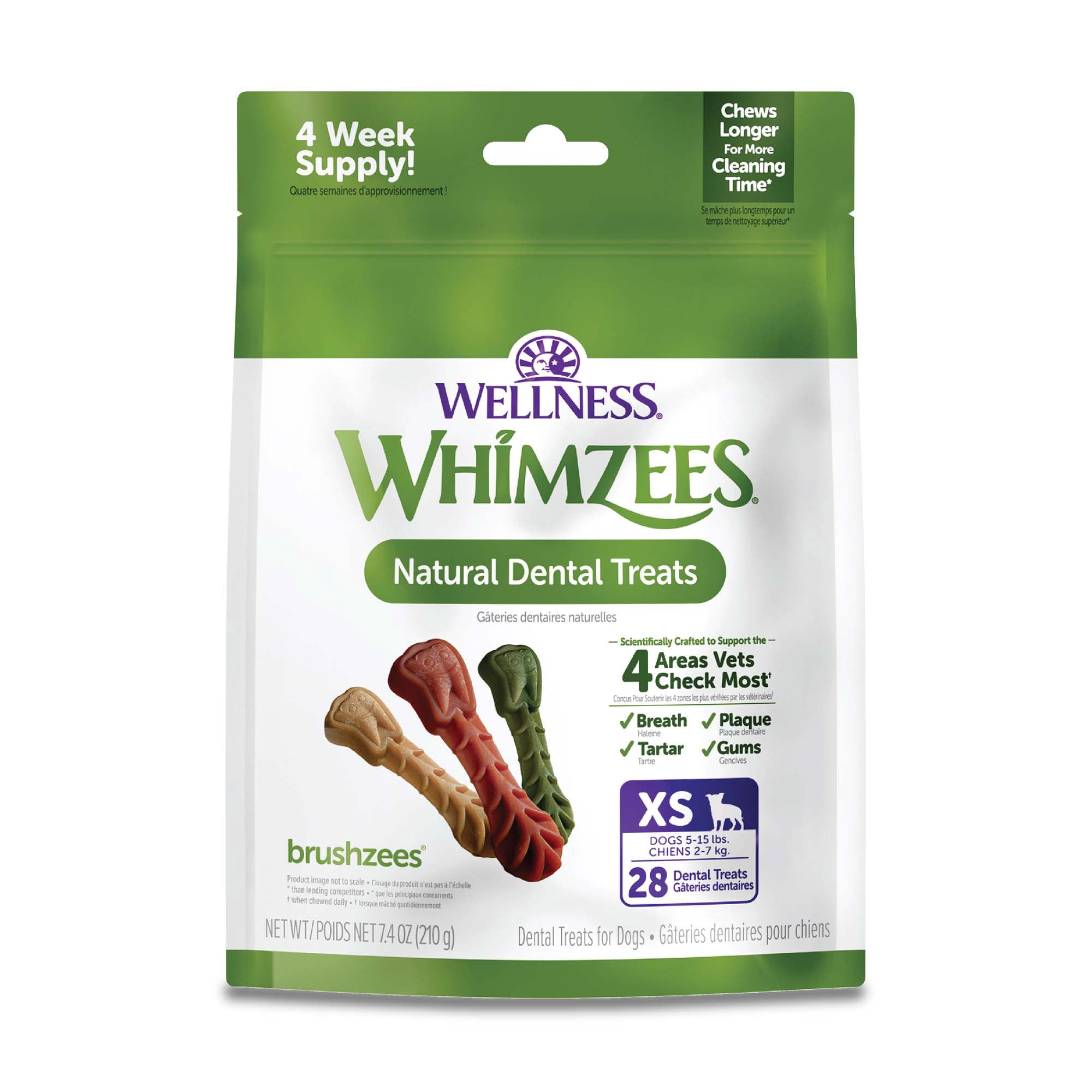 (4 pack) Wellness WHIMZEES Daily Brushzees Natural Dog Dental Treat, VOHC Accepted Chews, Freshens Breath, Extra-Small Size, 7.4 oz Bag, 28 Count