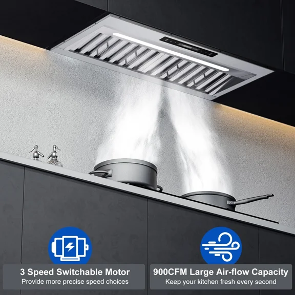 Range Hood Insert 30 Inch, 900CFM Built-in Vent Hood with Gesture & Touch Control, Stainless Steel Heavy Duty Kitchen Exhaust Hood, Baffle Filters, Long LED Light, Ducted/Ductless Convertible