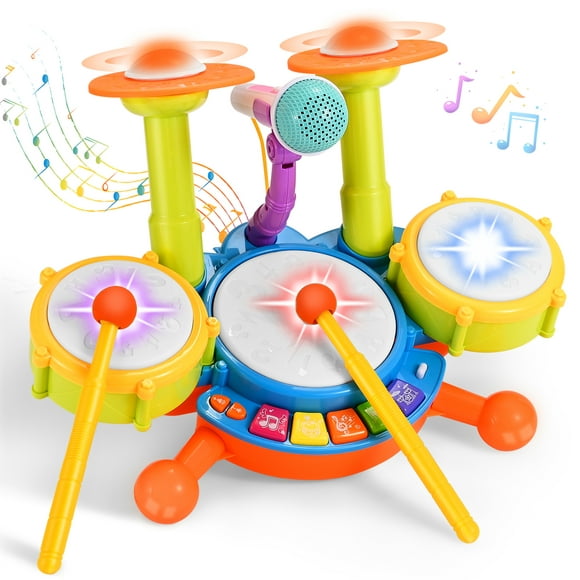 Kids Drum Set Musical Toys for Toddlers 1-3 with 1 Sticks Microphone Instruments Piano Light Up 1 Year Old Boy Girl Gifts 6 12 18 Month Learning Developmental Toddler Age 2-4