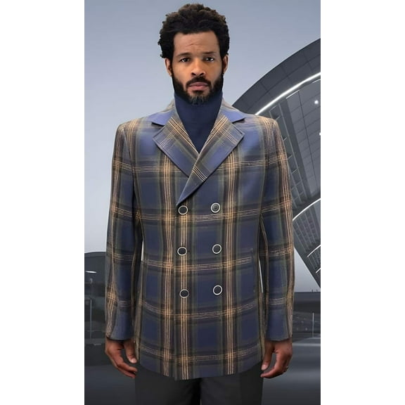 Mens Peacoat - Plaid Overcoats - Wool Carcoat Blue