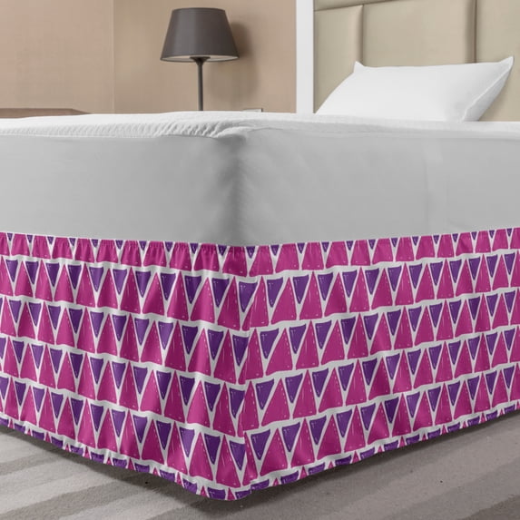 Geometric Bed Skirt, Hand Drawn Sketch Style Triangle Pattern with Brush Marks Abstract Stripes, Elastic Bedskirt Dust Ruffle Wrap Around for Bedding Decor, 4 Sizes, Purple and Pink, by Ambesonne