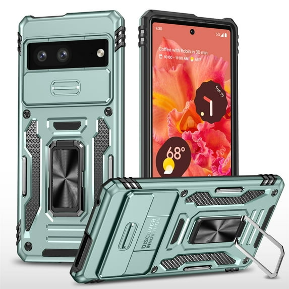 ELEHOLD Heavy Duty Rugged Case for Google Pixel 7 2022 Full Body Protection with Camera Lens Cover Magnetic Metal Ring Holder Kickstand Anti-Scratch Shockproof Case, Darkgreen