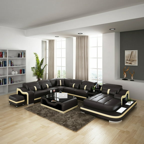 Anika Modern Leather Sectional, Top Grain Leather, Dark Brown and Brige, Right Hand Facing Layout, Living Room set