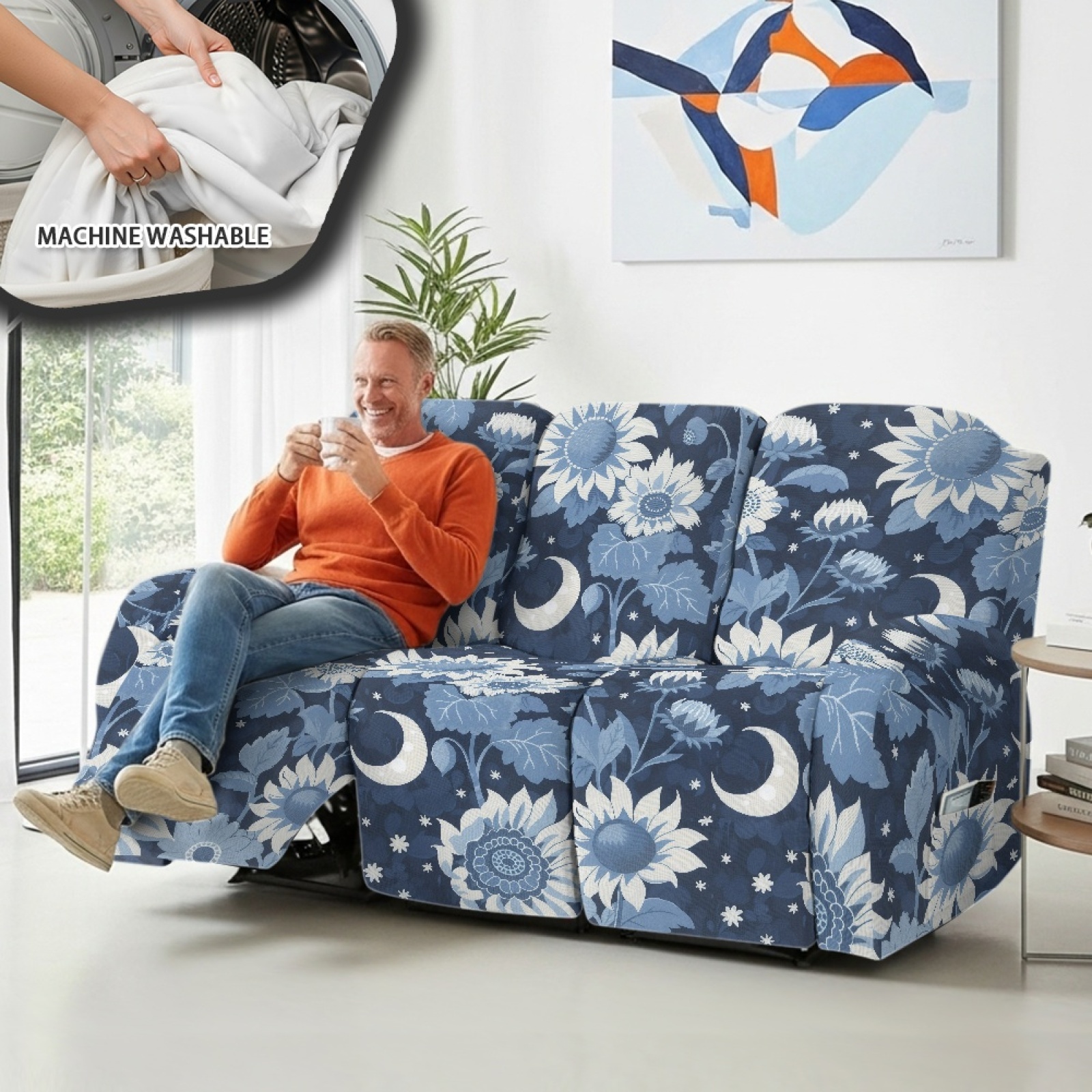 COEQINE Cover for Recliner Chair Stretch Reclining Sofa Cover 8 Pieces Recliner Cover for 3 Cushion Reclining Sofa Stay in Place Furniture Protector, Blue Floral Moon
