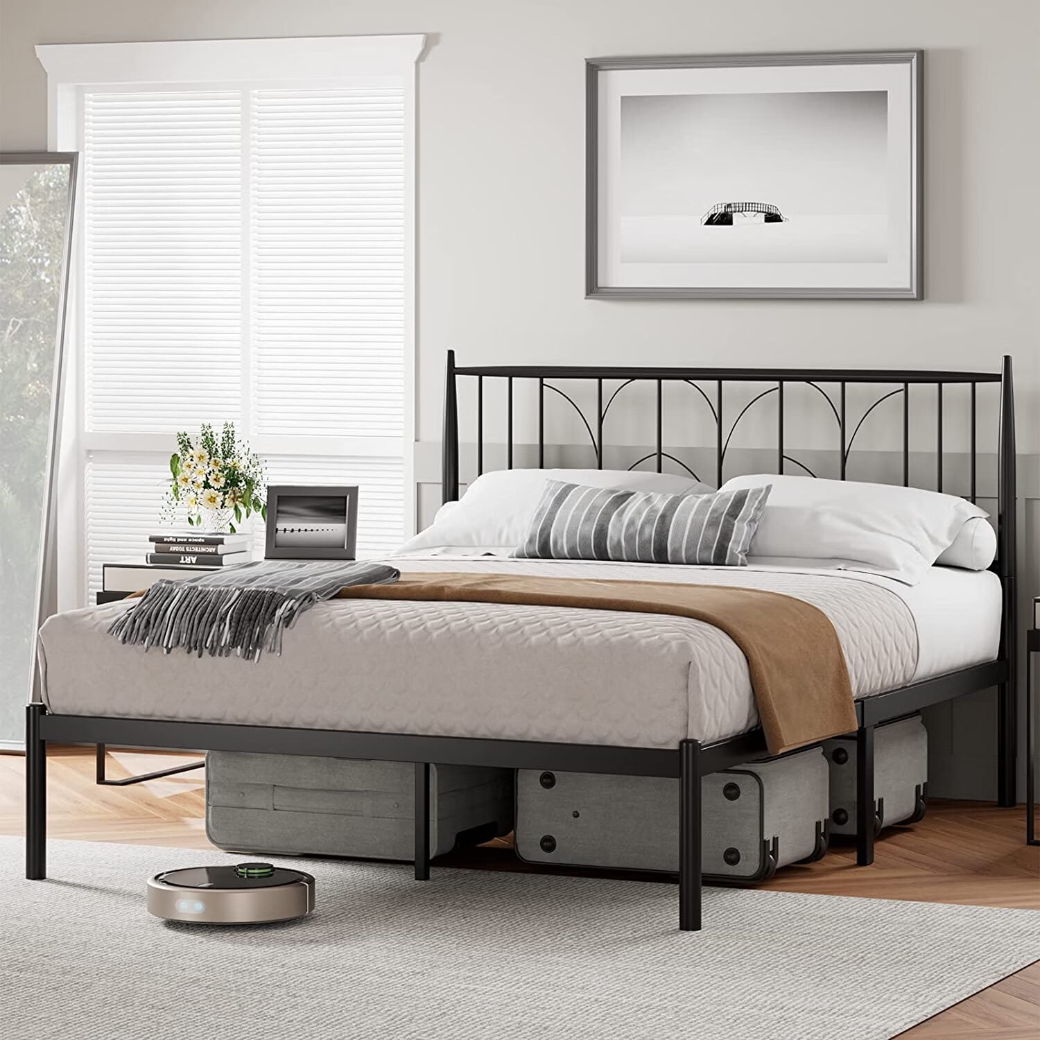 Heavy Duty Metal Bed Frame with Headboard, Metal Slat Support Platform ...