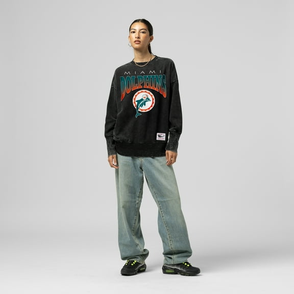 Women's Mitchell & Ness Black Miami Dolphins Delineate Mineral Wash Crewneck Sweatshirt