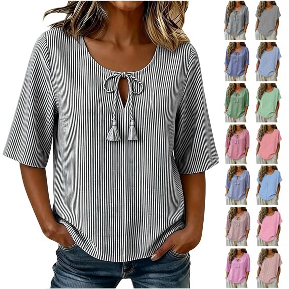 Feancey Womens Linen Striped Tops Short Sleeve Crewneck Loose Fit Tees Summer Casual Tunic Blouses Breathable Lightweight Gauze T-Shirts Red S