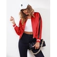 thumbnail image 5 of Zeagoo Women Letterman Jackets Satin Bomber Jacket Casual Short Biker Jacket Classic Solid Striped Fashion Coat Zip Up Windbreaker Outerwear, 5 of 6