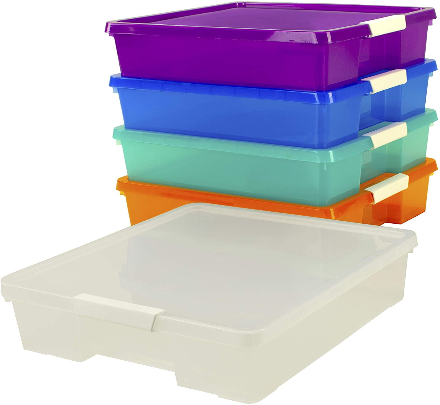 Classroom Craft Project Box – Stacking Plastic Organizer Fits 12x12 Scrapbooking Paper, Assorted STEAM Colors, 5-Pack