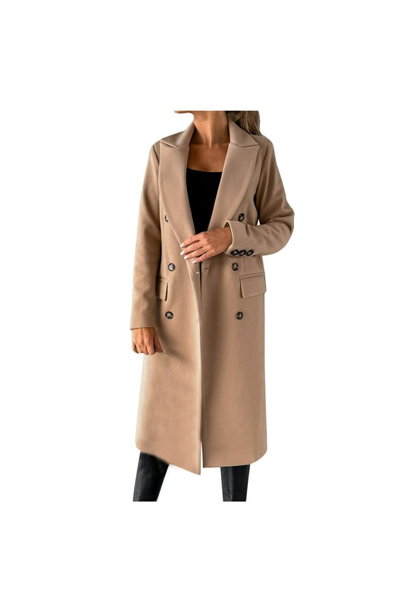 Women's Double Breasted Trench Coats Women Fashion Casual Solid Color Woolen Double Breasted Overcoat Turndown Collar Long Sleeve Hoodless Casual Outwear Gray L